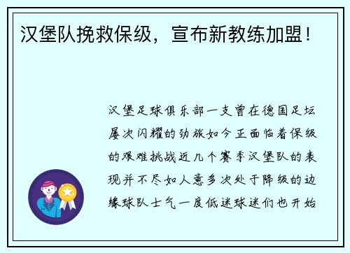 汉堡队挽救保级，宣布新教练加盟！